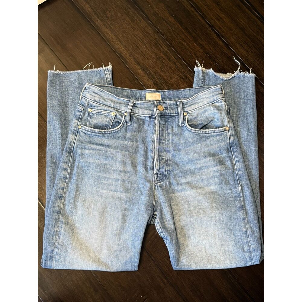 MOTHER Denim High Rise Raw Hem Straight Leg Jeans Light Wash Frayed Ankle 29